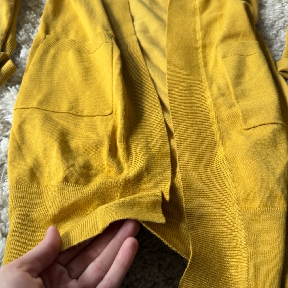Mustard yellow pocketed long cute elegant Open Front Cardigan - Picture 5 of 6